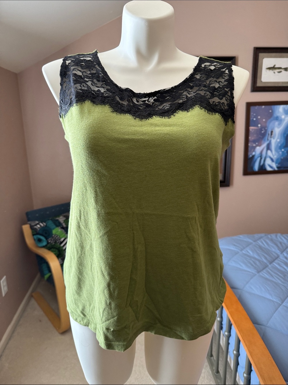 Women’s Olive Green Lace-Trim Tank Top